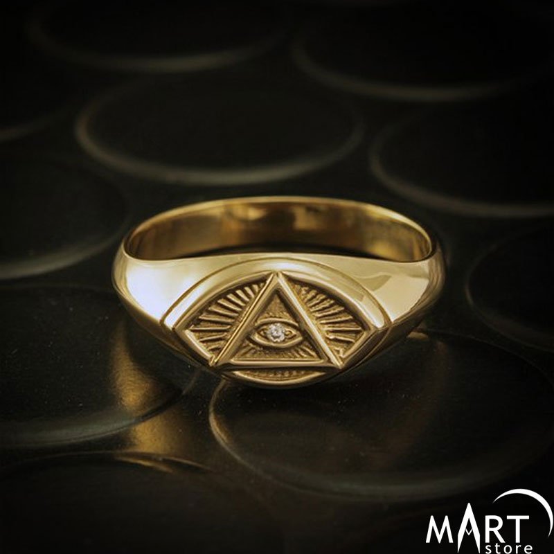 Illuminati Ring - Zircon All-Seeing Eye, Pyramid Ring - Silver and Gold